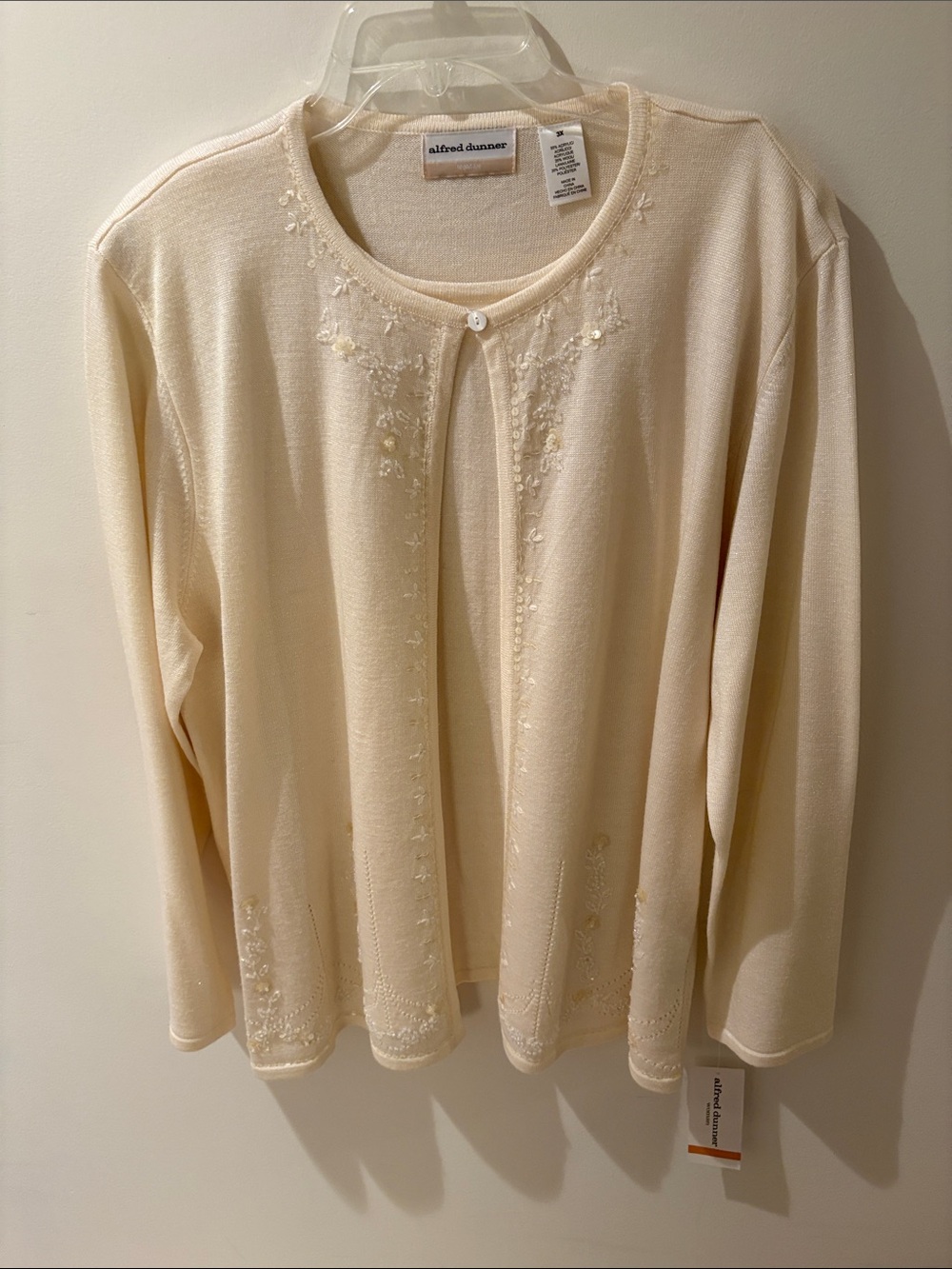 Alfred Dunner Ivory Embroidered Crew‑Neck Cardigan